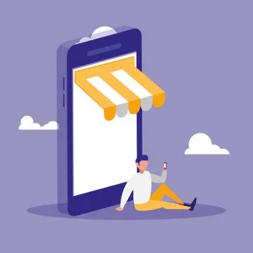 Young man using smartphone with parasol Stock Illustration