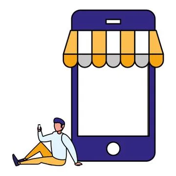 Young man using smartphone with parasol Stock Illustration
