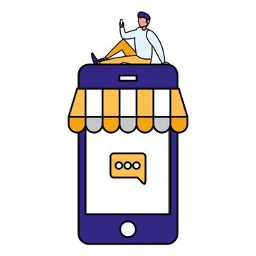 Young man using smartphone with parasol Illustration