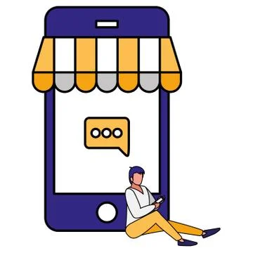 Young man using smartphone with parasol Illustrazione stock