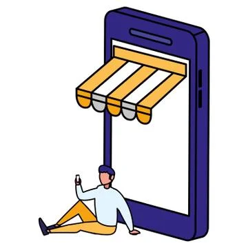 Young man using smartphone with parasol Illustrazione stock