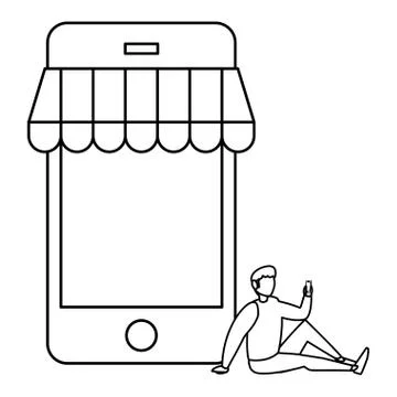 Young man using smartphone with parasol イラスト素材
