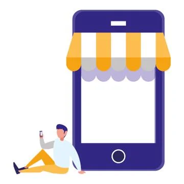 Young man using smartphone with parasol Stockillustratie