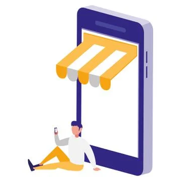 Young man using smartphone with parasol Stock Illustration