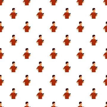Young man using smartphone seamless pattern Stock Illustration
