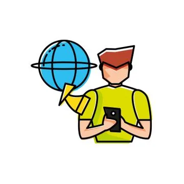 Young man using smartphone with sphere browser 스톡 일러스트