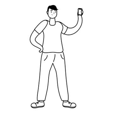 Young man using smartphone technology line style 스톡 일러스트
