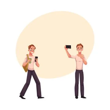Young man using smartphone walking, making selfie with mobile phone Stock Illustration