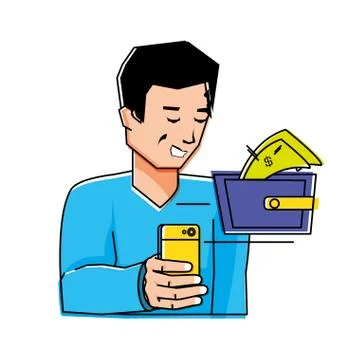 Young man using smartphone with wallet and bills イラスト素材