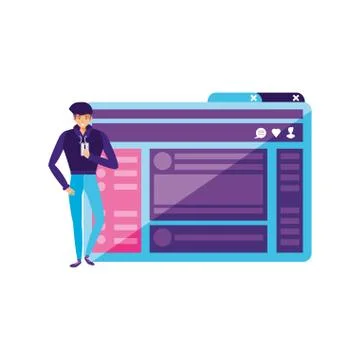 Young man using smartphone with webpage template Stock Illustration