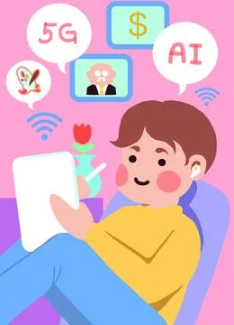 The young man is using a tablet for communication. Stock Illustration