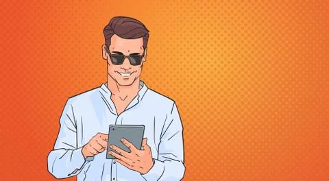Young Man Using Tablet Computer Networking Online Over Pop Art Colorful Retro Stock Illustration