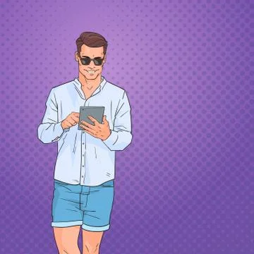 Young Man Using Tablet Computer Networking Online Over Pop Art Colorful Retro Stock Illustration