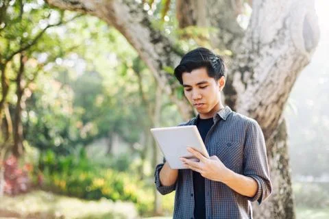Young man using tablet device in a park Stock-Fotos