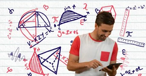 Young man using tablet with geometric drawings on school notebook background 스톡 일러스트