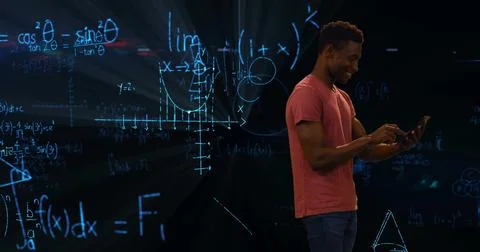 Young man using tablet with mathematical equations projected in background Stock Illustration