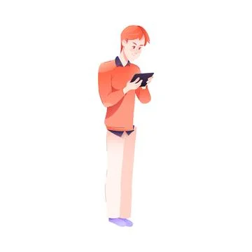 Young Man Using Tablet as Mobile Device Vector Illustration イラスト素材