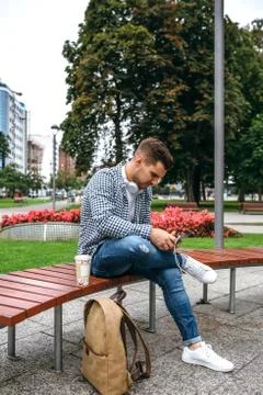 Young man using tablet outdoors Foto stock