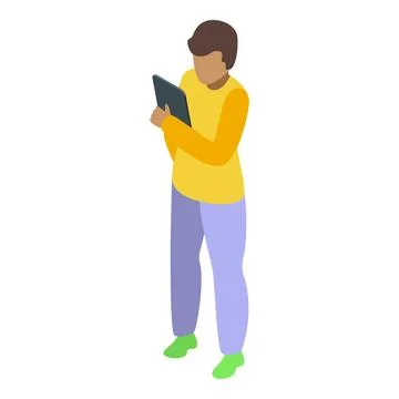 Young man using tablet, standing and browsing internet websites Stock Illustration