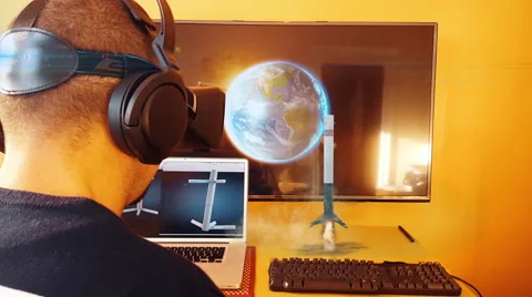 Young Man using Virtual Reality Headset 4k Stock Footage 58901437