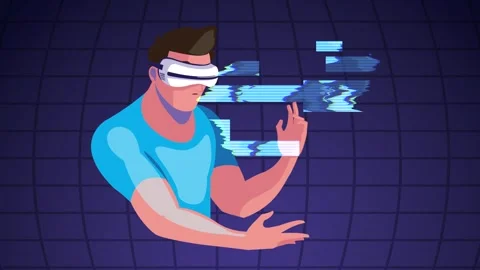 Young man using virtual reality headset exploring digital world interactive.. 動画素材 338401882