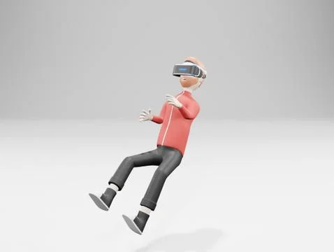 Young man using virtual reality headset,VR,floating in Fictional world.3d ren Stock Illustration