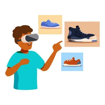 Young man using virtual reality headset choosing sneakers online 库存插图