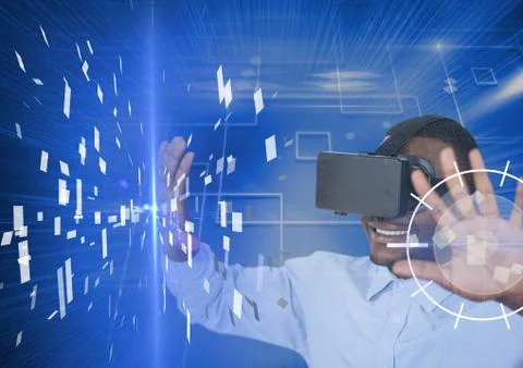 Young man using vr headset Stockfoto's