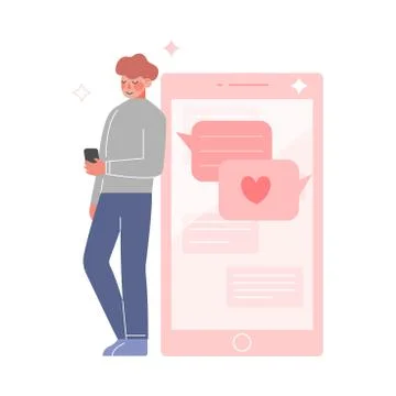 Young Man Using Website or Mobile Application for Dating, Virtual Relationships Ilustración de archivo