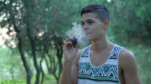 Young man vaping(smoking e-cigarette) in the park Video stock 96119391