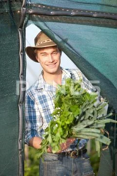 Young Man With Vegetables Grown On Farm