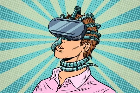 Young man in a virtual reality, gadget parasite Stock Illustration
