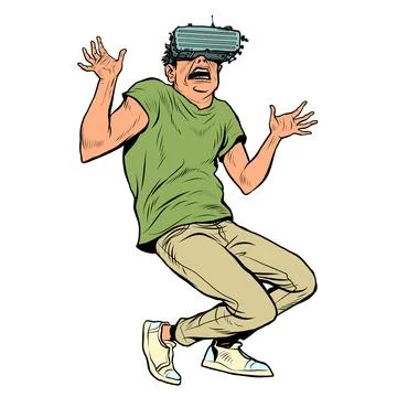 Young man in virtual reality glasses fright fear. Computer technology Stock Illustration
