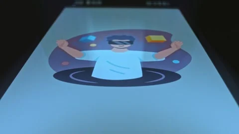 Young man with VR headset, graphic presentation on smartphone Video stock 303570836