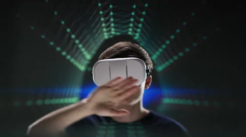 Young man with VR headset shifting virtual things Stock Footage 62788434