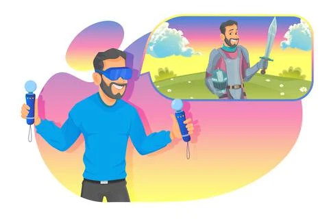 A young man with VR headset with touching VR interface and play game Stock Illustration