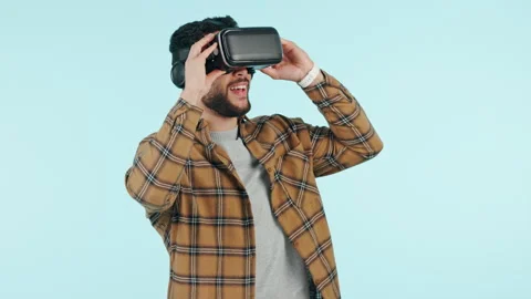 Young man, VR vision and glasses in software development, game test or user Stock Footage 250204765