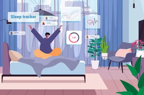 Young man wake up from sleep with electronic smart watch app tracker on hand 스톡 일러스트
