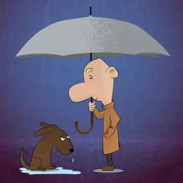 Young man walking and found a dog in the rain Stock Illustration
