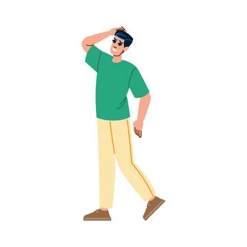 Young man walking and looking away, touching his head with hand Stock Illustration