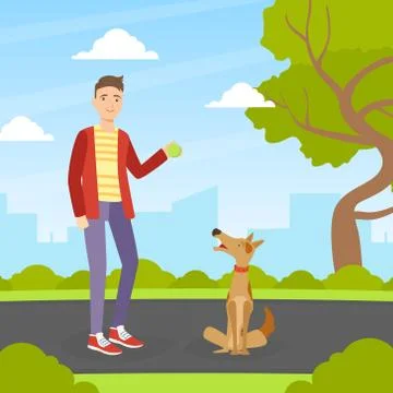 Young Man Walking and Playing Ball with Dog in Park in Sunny Day, Summer Outdoor Ilustração Stock