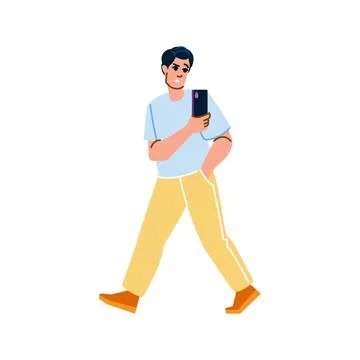 Young man walking and using smartphone with concerned expression Stock Illustration
