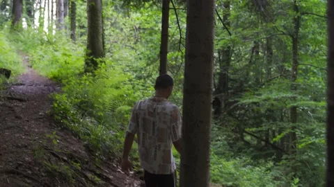 Young man walking barefoot throw a little riverbed and walks deeper into a Stock Footage 198159248