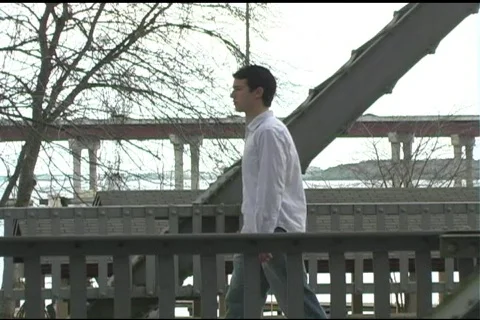 Young Man Walking on a Bridge Vídeo Stock 273510