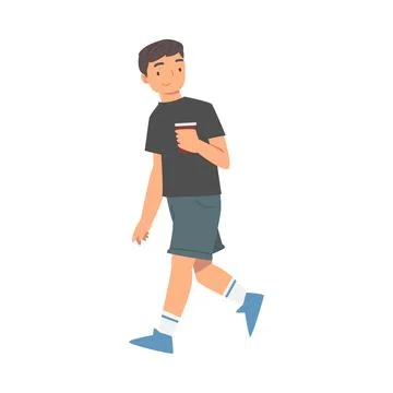 Young Man Walking with Coffee Cup Vector Illustration Ilustración de archivo