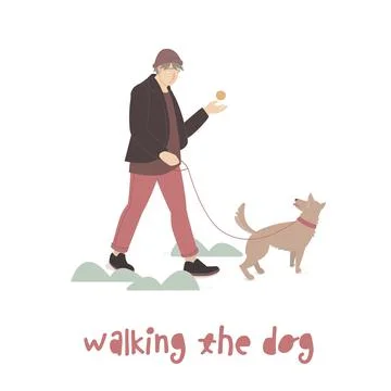 Young man walking the dog. Editable vector illustration Stock Illustration