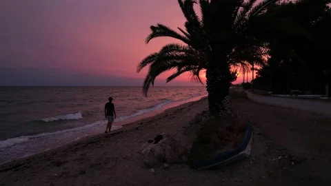 Young man walking during pink sunset. 4K Video Stock-Footage 164880920