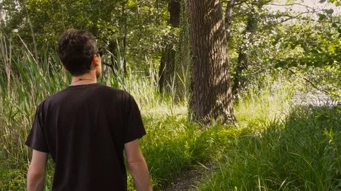 Young Man Walking on a Footpath Towards the Lake in Summer Stock Footage 78065782