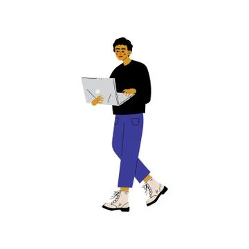 Young Man Walking with Laptop, Guy Working or Relaxing Using Computer, Freelance Stock Illustration