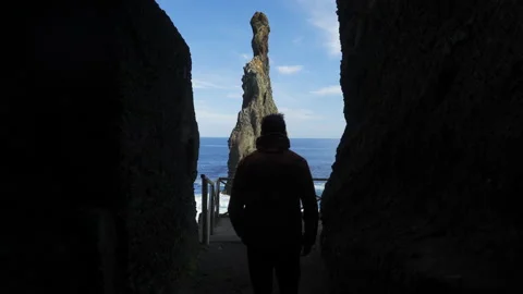 Young man walking out of dark cave towards the ocean Stock Footage 146632727